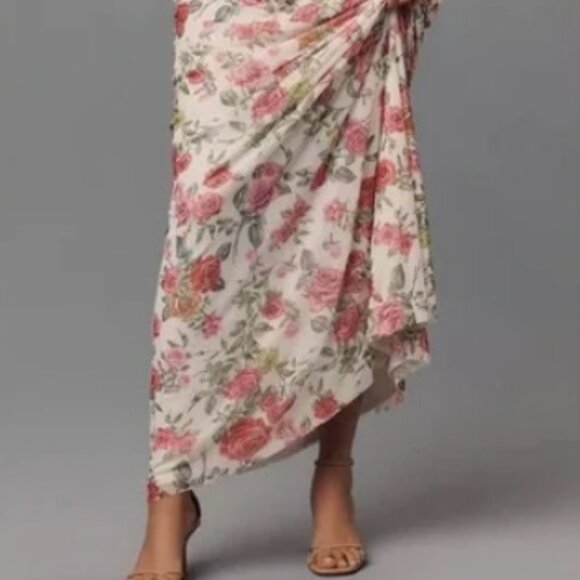 Anthropologie AFRM Off-The-Shoulder Maxi Dress Pink Roses Body-Con XXS Petite - Picture 2 of 10